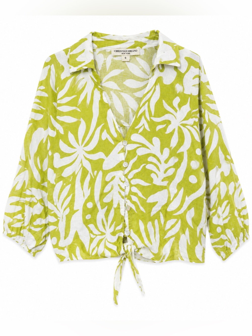 Christian Siriano Linen Blend Tropical Tie Front Shirt Coastal Resort Boho Small